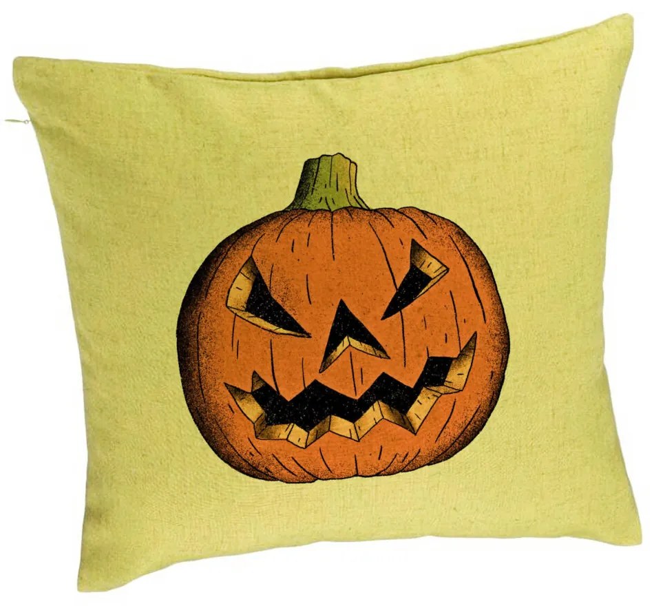 Perna Decorativa cu motiv Dovleac de Halloween 2, 40x40 cm, Verde, Husa Detasabila, Burduf