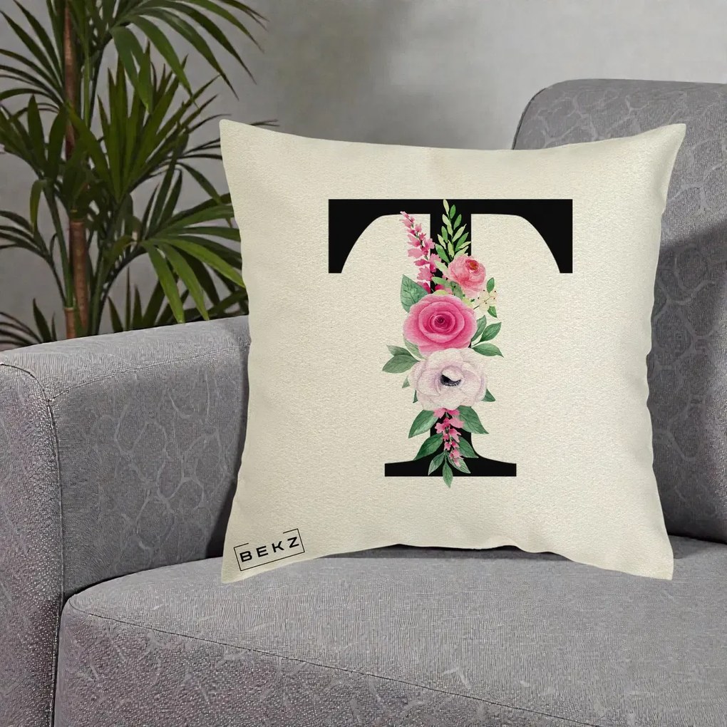 Cadou Personalizat - Perna Personalizata Monograma Florala Litera T, 40x40 cm, Ecru, Husa Detasabila, Perna Inclusa, BEKZ®