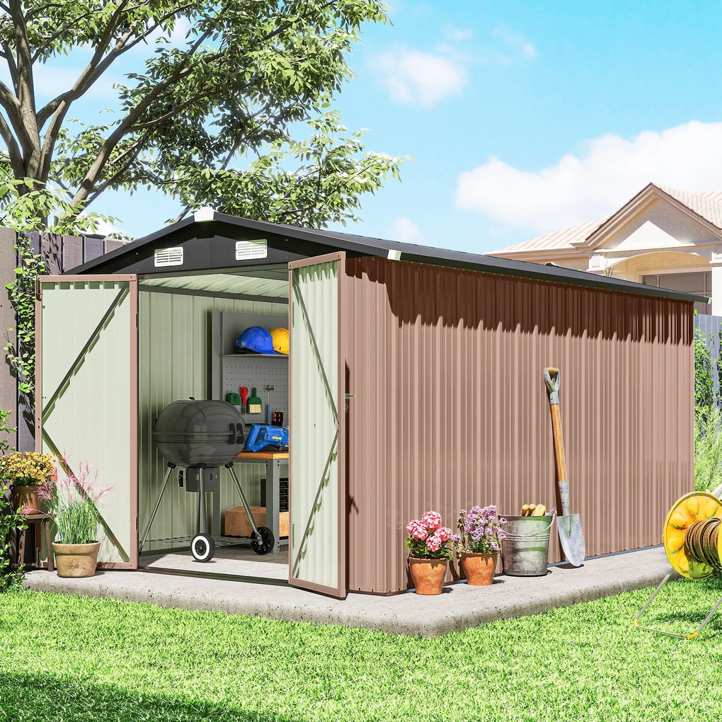 Outsunny Magazie de Grădină din Metal 364 x 238 cm cu 4 Grile de Ventilație și Uși Duble cu Încuietoare, Maro | Aosom Romania