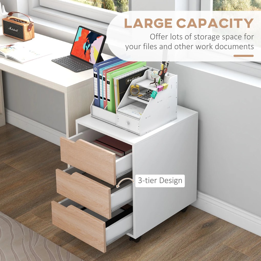Comoda din MDF cu 3 Sertare si 4 roti cu rotatie de 360 ° (2 cu frane), pentru Birou sau Studio Alba si Lemn 31x37x7.2cm HOMCOM | Aosom Romania