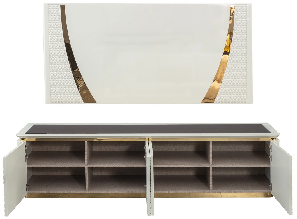 Set comoda tv si modul superior din mdf alb si auriu/negru si auriu lexus (200x51x57)