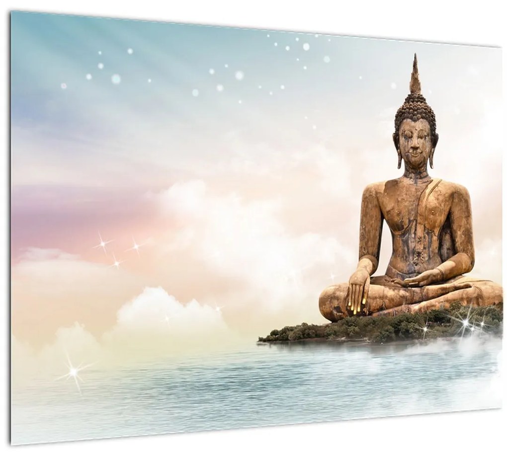 Tablou pe sticlă - Buddha care supraveghează pământul (70x50 cm)