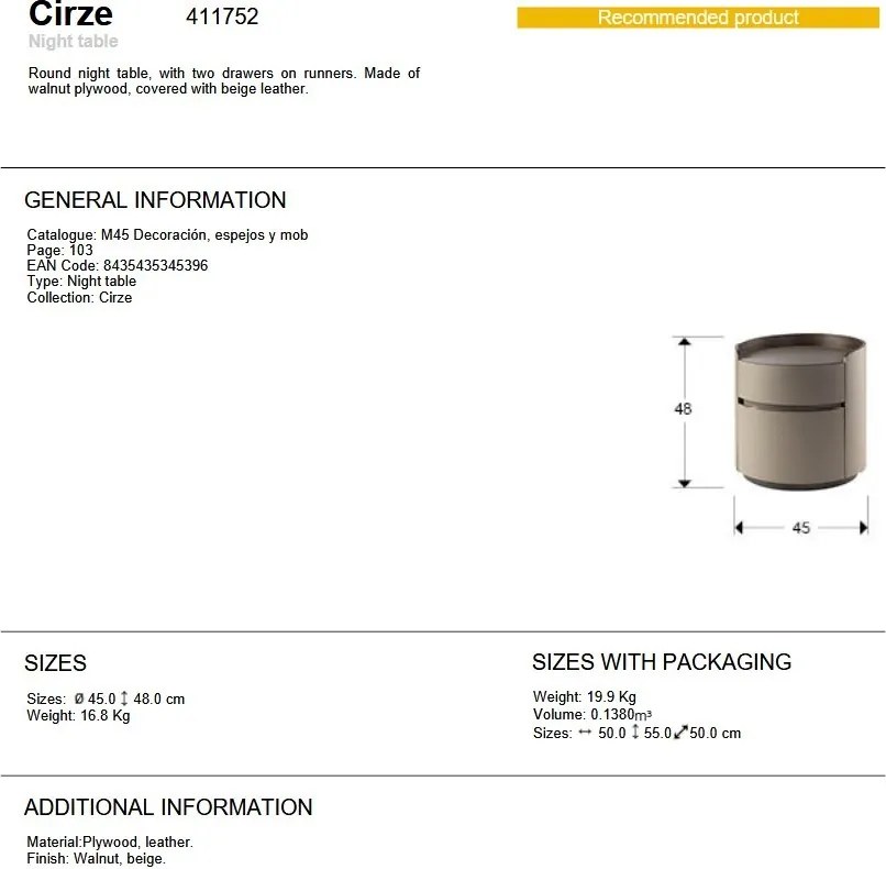 Noptiera rotunda cu 2 sertare Cirze