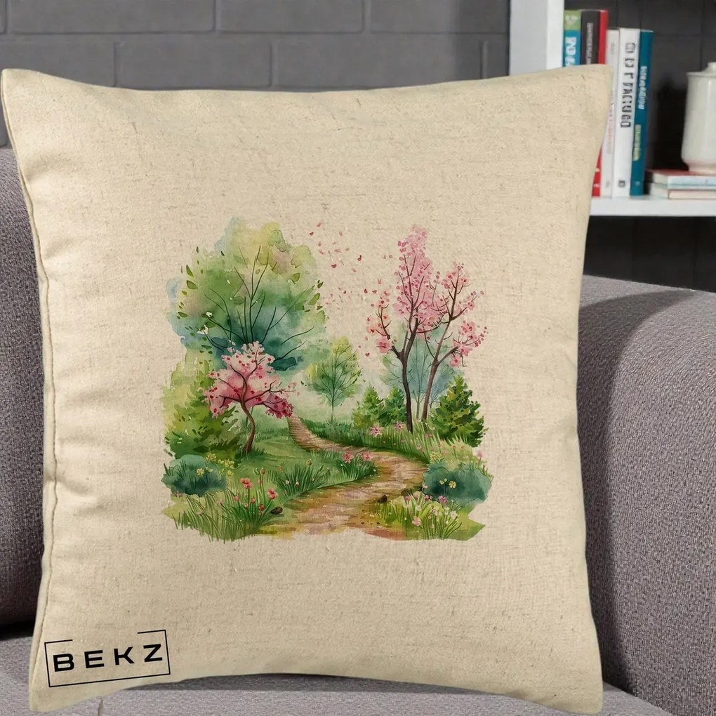 Perna Decorativa Gradina Primavara Acuarela, 40x40 cm, Bej, Husa Detasabila, Perna Inclusa, BEKZ®