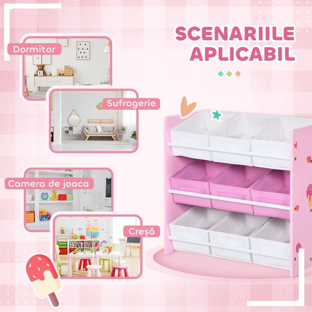 ZONEKIZ Dulăpior de Jucării cu 9 Coșuri Detașabile din MDF și Material Textil Roz | Aosom Romania