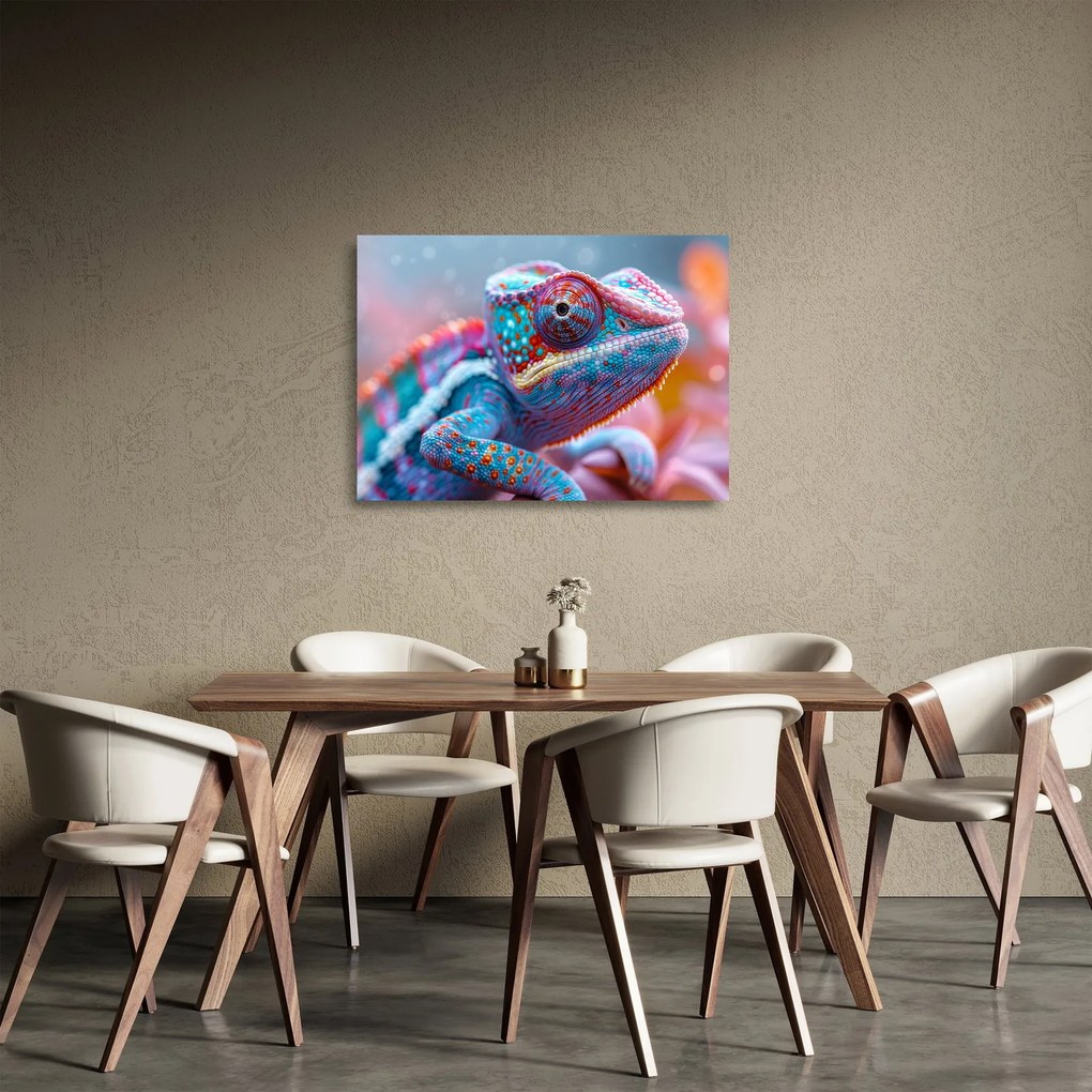 Tablou pe sticlă - Cameleon colorat (70x50 cm)