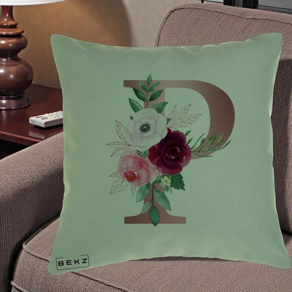 Cadou Personalizat - Perna Personalizata Monograma Rose Gold Litera P, 40x40 cm, Verde, Husa Detasabila, Perna Inclusa, BEKZ®