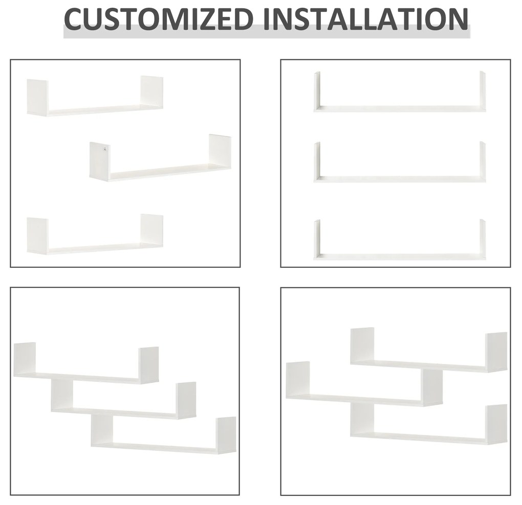 HOMCOM Set di 3 Rafturi de Perete pentru Obiecte, Rafturi de Perete din Lemn, 80x18x18 cm, Alb | Aosom Romania