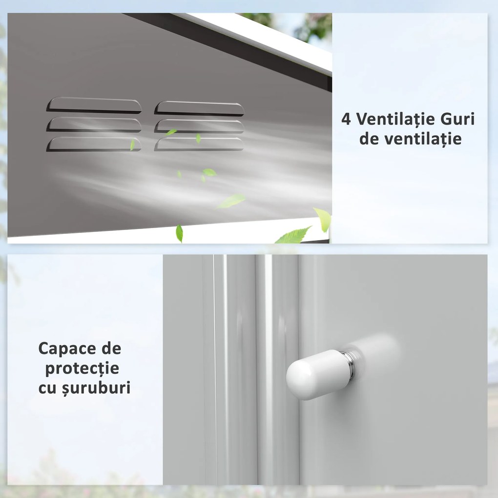 Outsunny Magazie de Grădină 3.6m² din Oțel Galvanizat cu Guri de Ventilație, Magazie de Grădină cu Uși Glisante Duble, Acoperiș Înclinat, Magazie de Unelte cu Mănuși, Gri Deschis | Aosom Romania