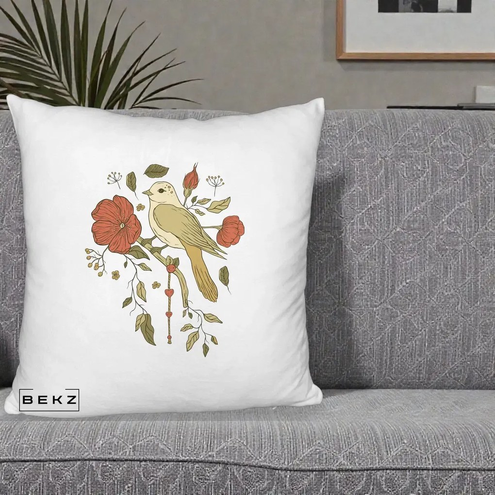 Perna Decorativa Pasare pe Ramura cu Maci, 40x40 cm, Alb Pufos, Husa Detasabila, Perna Inclusa, BEKZ®