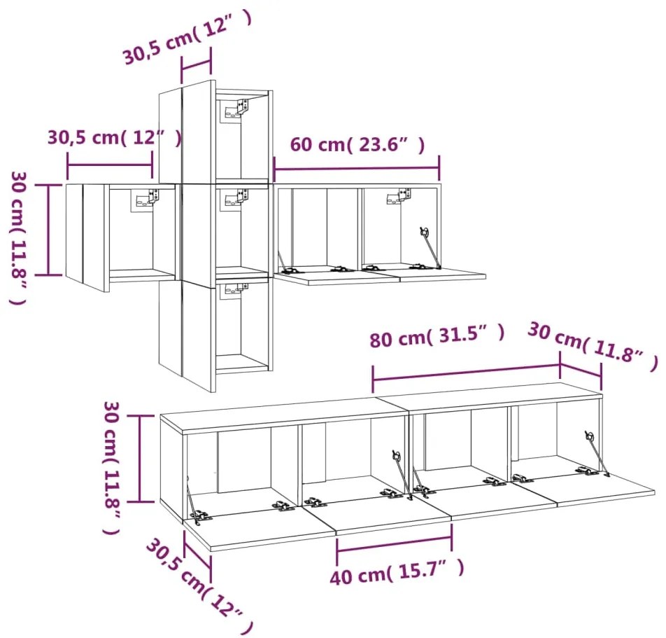 Set dulapuri TV, 7 piese, gri sonoma, lemn prelucrat 7, sonoma gri, 60 x 30 x 30 cm