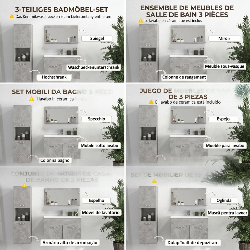 Set de Mobilier de Baie din 3 Piese, Montare pe Perete, cu Dulap cu Oglinda, Dulap de Depozitare Inalt, Gri Kleankin | Aosom Romania