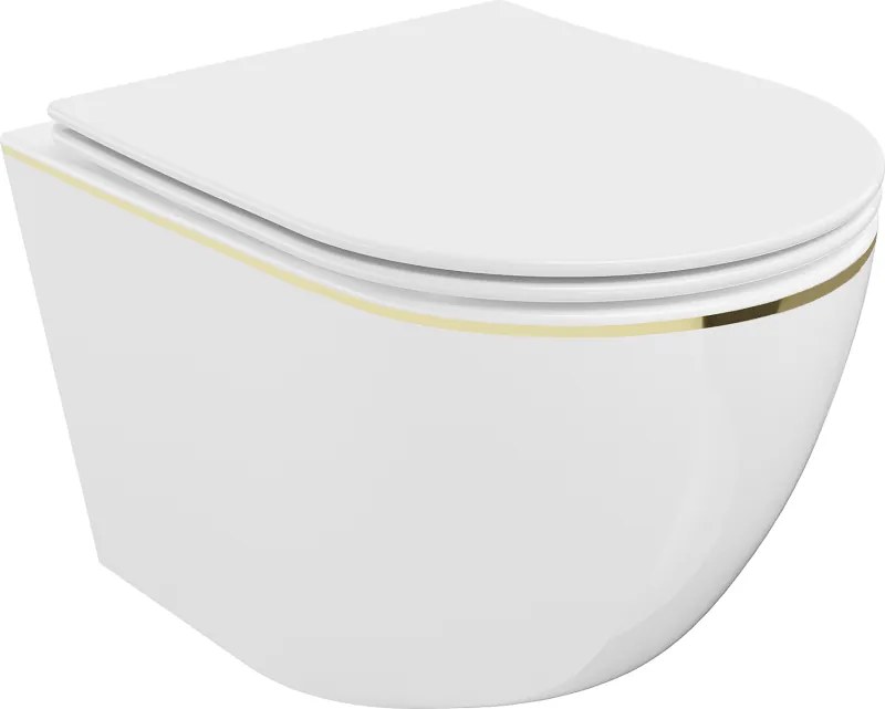 Mexen Lena vas de toaletă Rimless cu capac slim cu închidere lentă, duroplast, alb/linie aurie - 30224005