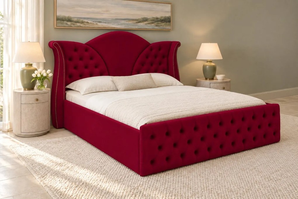 Pat tapițat Chesterfield din catifea Velora 160×200 cm, vișiniu, cu ladă de depozitare