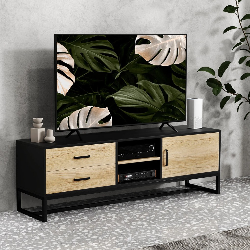 HOMCOM Mobilier pentru TV de 60" cu Dulăpior, 2 Sertare și Rafturi Deschise Reglabile, 140x35x45 cm, Lemn Natural | Aosom Romania