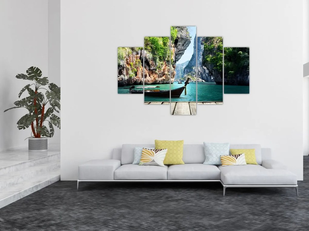 Tablou - Apă peisaj mediteranean cu barca (150x105 cm)