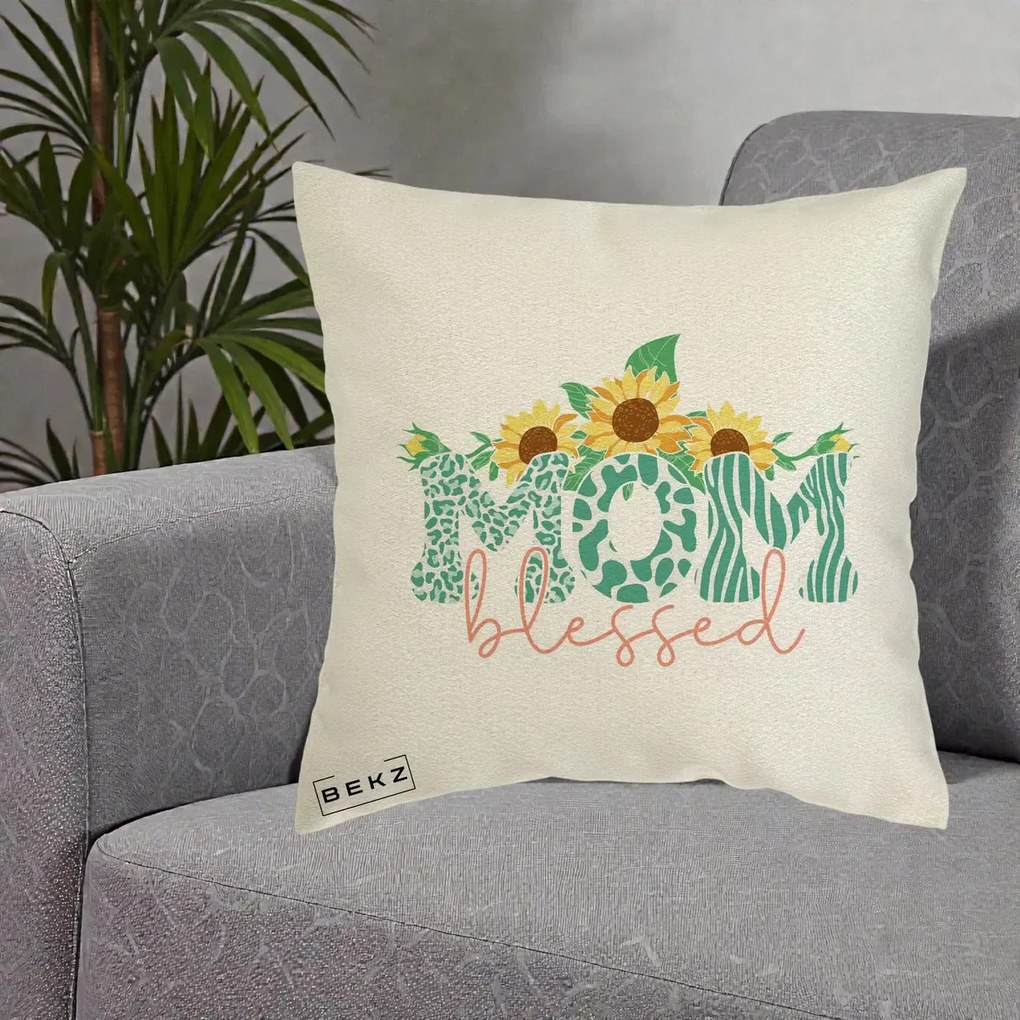 Cadou pentru Mama - Perna Personalizata Mom Blessed cu Floarea Soarelui Animal Print Teal, 40x40 cm, Ecru, Husa Detasabila, Perna Inclusa, BEKZ®
