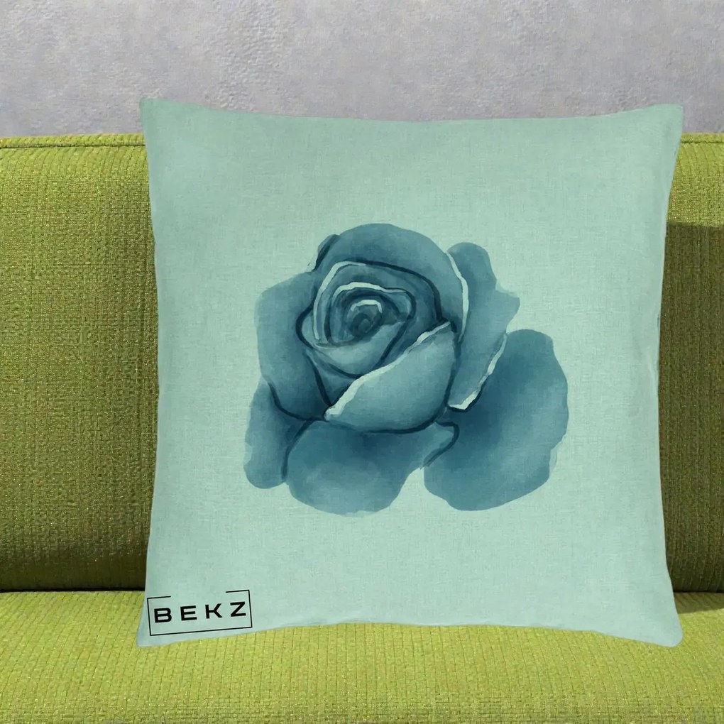 Perna Decorativa Trandafir Albastru Acuarela, 40x40 cm, Verde Menta, Husa Detasabila, Perna Inclusa, BEKZ®