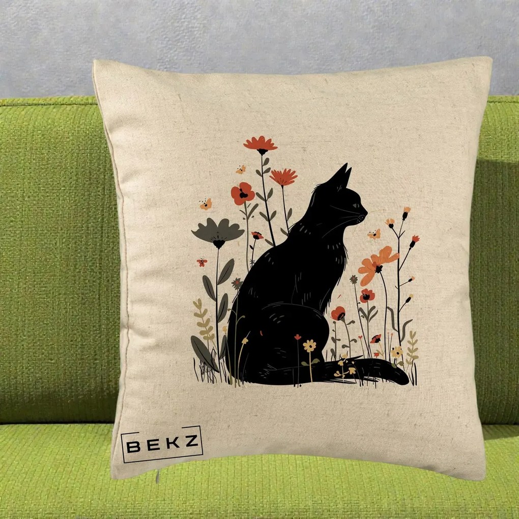 Perna Decorativa Pisica Neagra Profil Flori Portocalii, 40x40 cm, Bej, Husa Detasabila, Perna Inclusa, BEKZ®