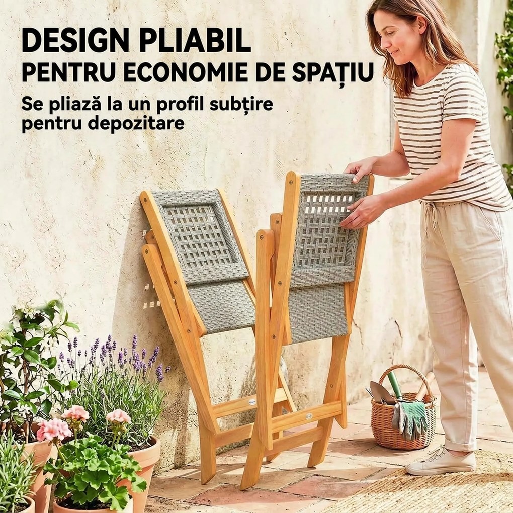 Outsunny Set de 2 Scaune de Grădină din Ratan PE, Scaune Pliabile de Exterior, Structură din Lemn de Salcâm, pentru Balcon, Terasă, Suport până la 160 kg, Gri | Aosom Romania