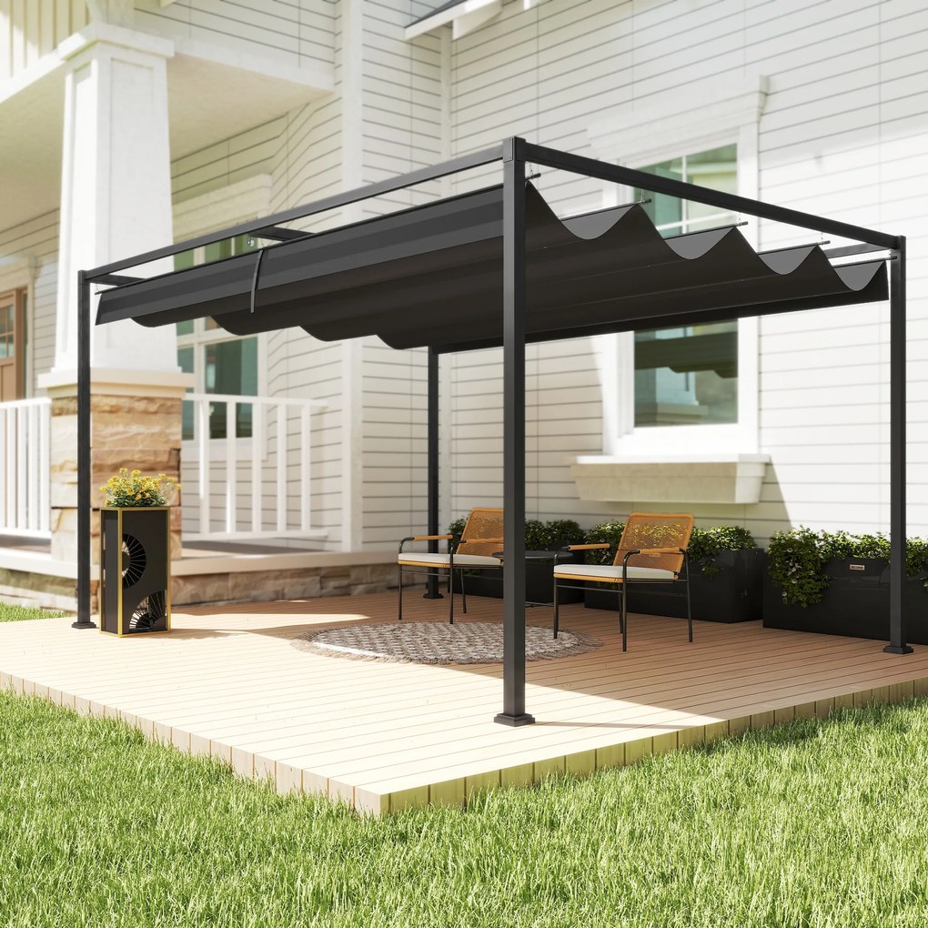 Outsunny Pergolă 3x2 m cu Acoperiș Retractabil, Orificii de Drenaj, Țepușe și Șuruburi, Pergolă de Grădină din Poliester și Metal, pentru Terasă, Curte, Exterior, Negru | Aosom Romania