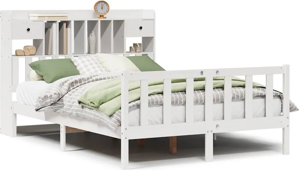 vidaXL Pat cu bibliotecă fără saltea, alb, 160x200 cm, lemn masiv pin