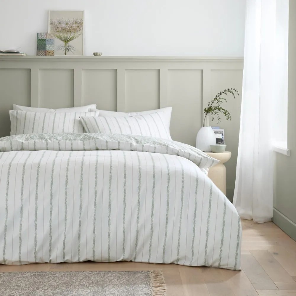 Lenjerie de pat albă-verde din bumbac percal pentru pat de o persoană 135x200 cm Scallop Floral – Bianca