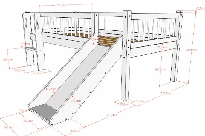 Pat Semi-Înălțat (Mid-Sleeper) cu Tobogan și Scară Forrest Beech pentru Camera Copii, 90x200 cm, din Lemn Masiv de Fag, Alb – Vipack