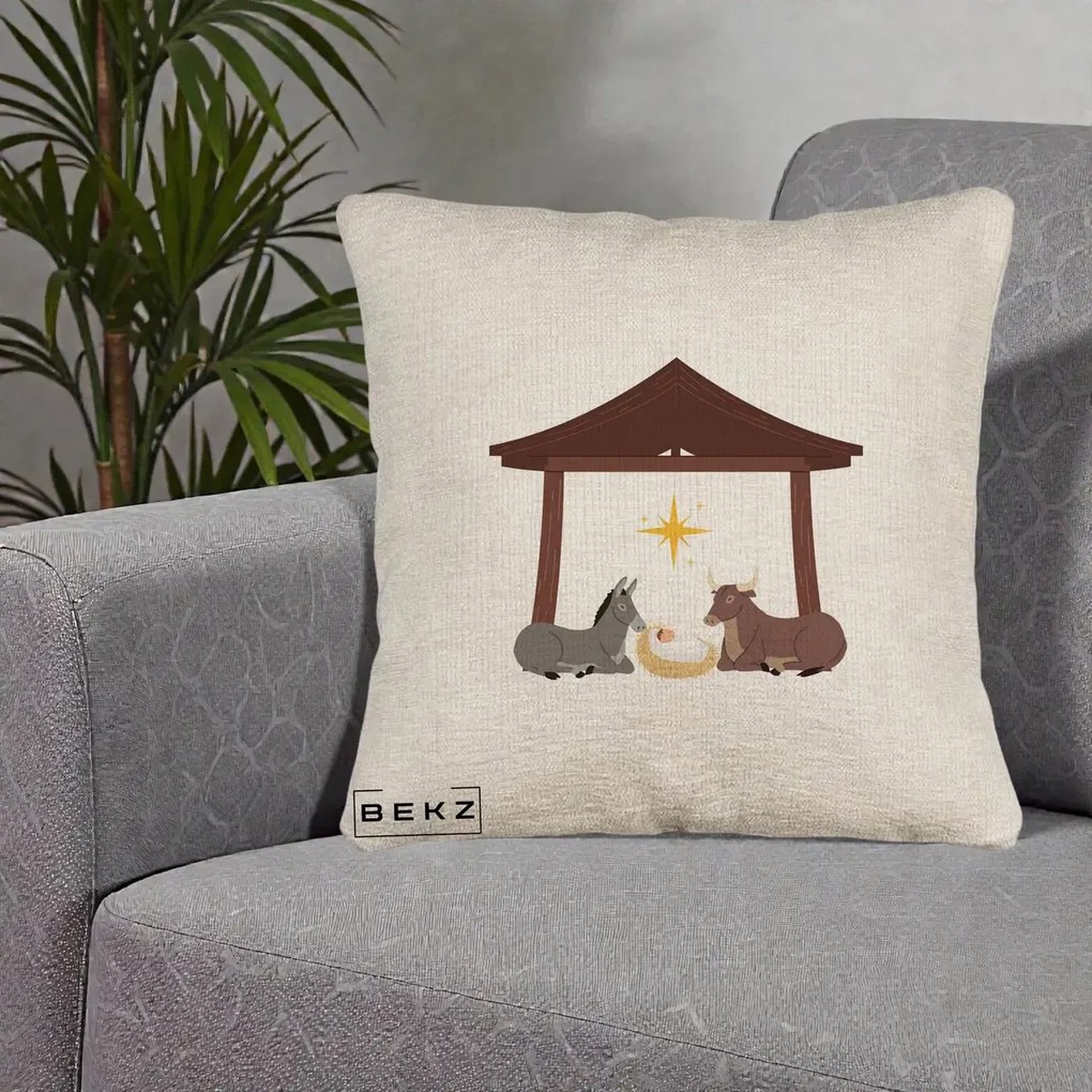 Perna Decorativa Ieslea din Betleem cu Iesle Asin si Bou, 40x40 cm, Bej Canapea, Husa Detasabila, Perna Inclusa, BEKZ®