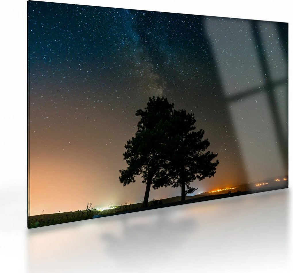 Tablou pe sticlă cu cerul nocturn și copaci (70x50 cm)