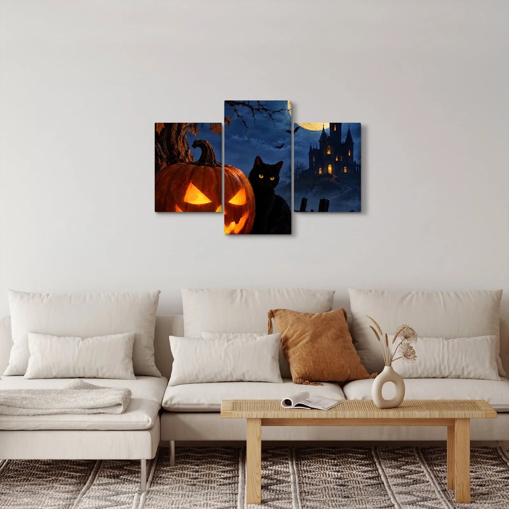 Tablou - Pisică neagră lângă un dovleac luminat de Halloween (90x60 cm)