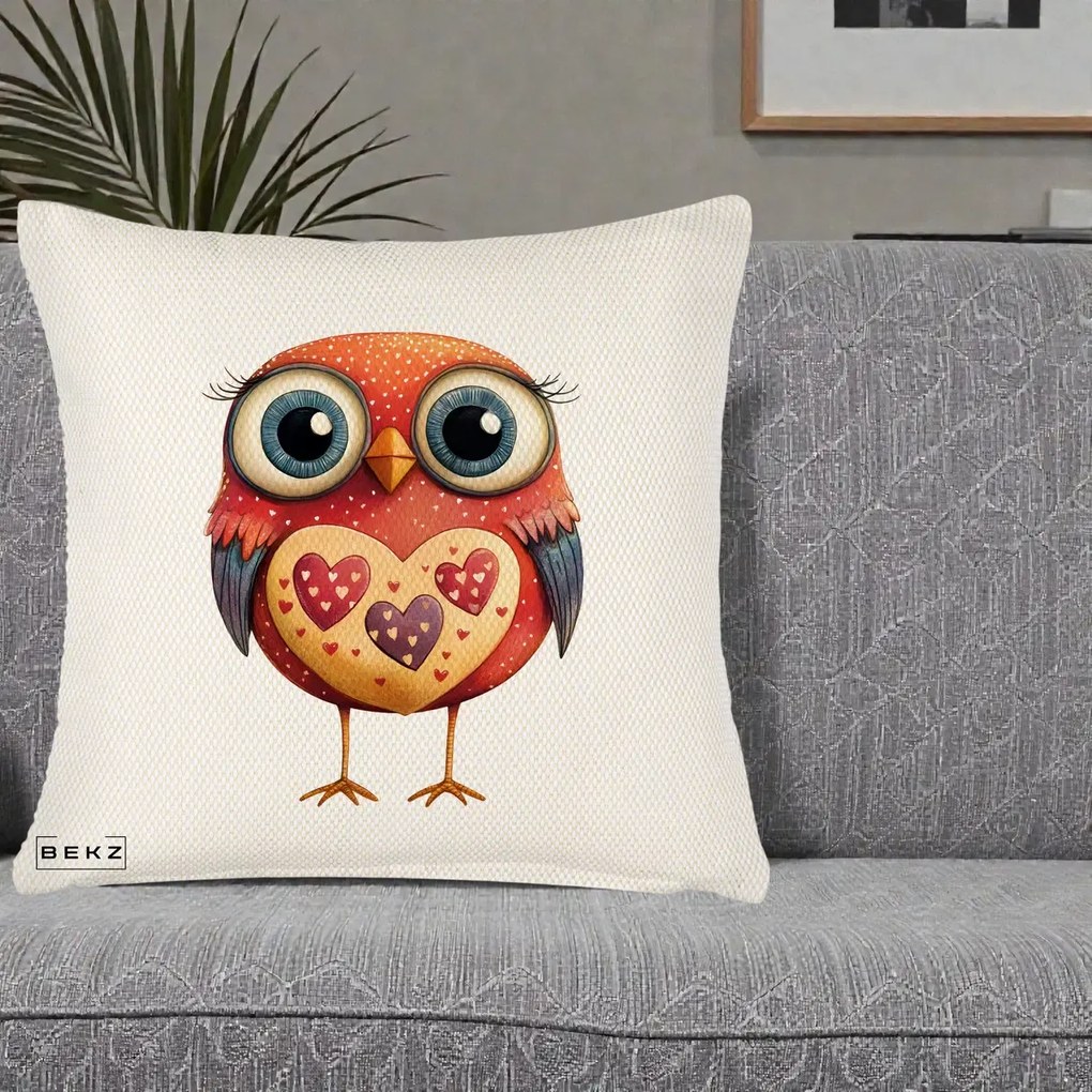 Perna Decorativa Bufnita Rosie cu Inimi Aurii, 40x40 cm, Crem Reliefat, Husa Detasabila, Perna Inclusa, BEKZ®
