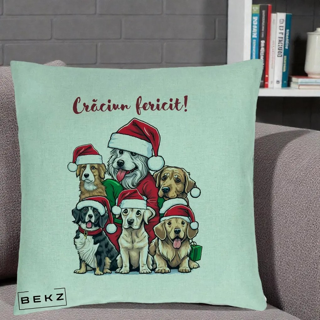 Perna Decorativa Caini cu Bonete Craciun Fericit, 40x40 cm, Verde Menta, Husa Detasabila, Perna Inclusa, BEKZ®