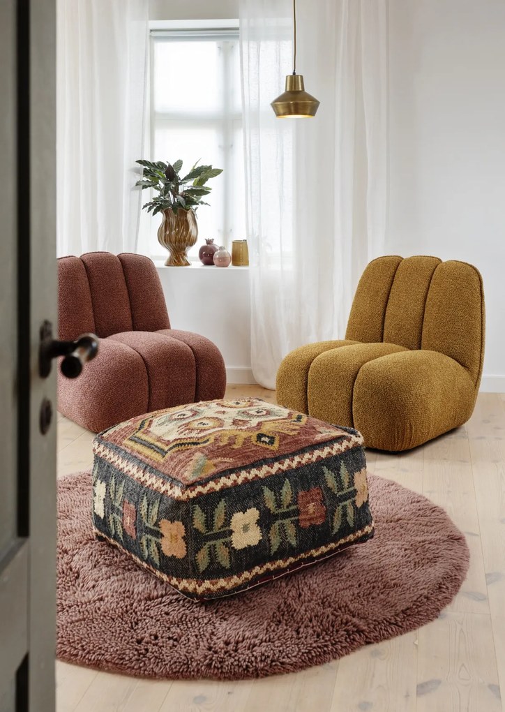 Pouf din iută țesut manual cu model geometric kilim, 60×60×H30 cm, „Jopf"