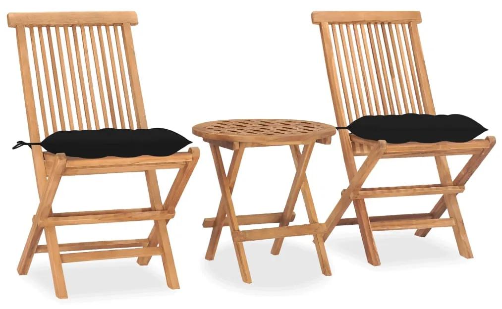 Set mobilier pliabil exterior cu perne, 3 piese, lemn masiv tec Negru, 3