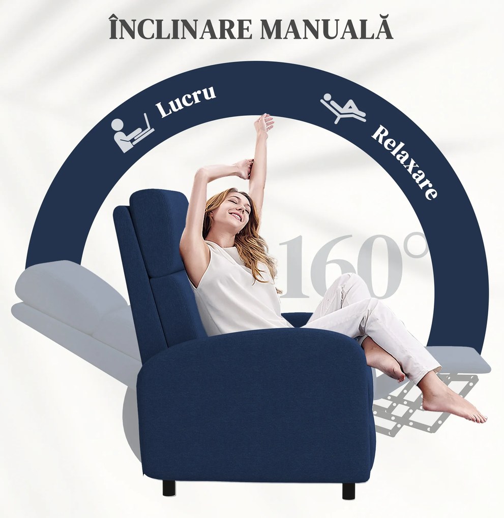 HOMCOM Fotoliu Relax Reclinabil Manual 160° cu Suport pentru Picioare, Fotoliu Reclinabil Tapițat Ergonomic din Material Textil Tip In pentru Dormitor, Birou, Sufragerie, Albastru | Aosom Romania