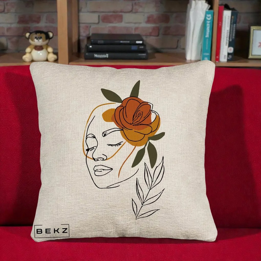 Perna Decorativa Portret Feminin Trandafir Ruginiu, 40x40 cm, Bej Canapea, Husa Detasabila, Perna Inclusa, BEKZ®