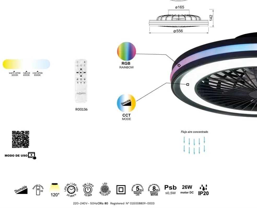 Lustra LED RGB CCT cu ventilator si telecomanda GAMER big alb MA-7861