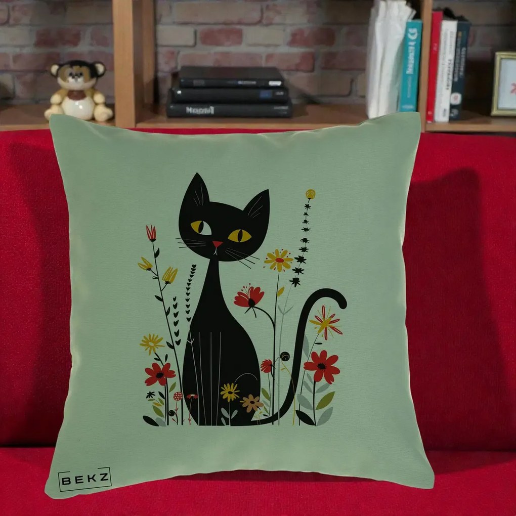 Perna Decorativa Pisica Neagra Ochi Galbeni Flori, 40x40 cm, Verde, Husa Detasabila, Perna Inclusa, BEKZ®