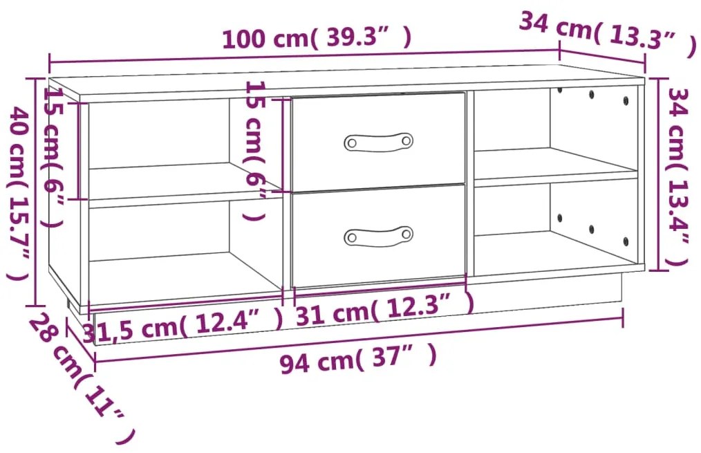 Comoda TV, negru, 100x34x40 cm, lemn masiv de pin