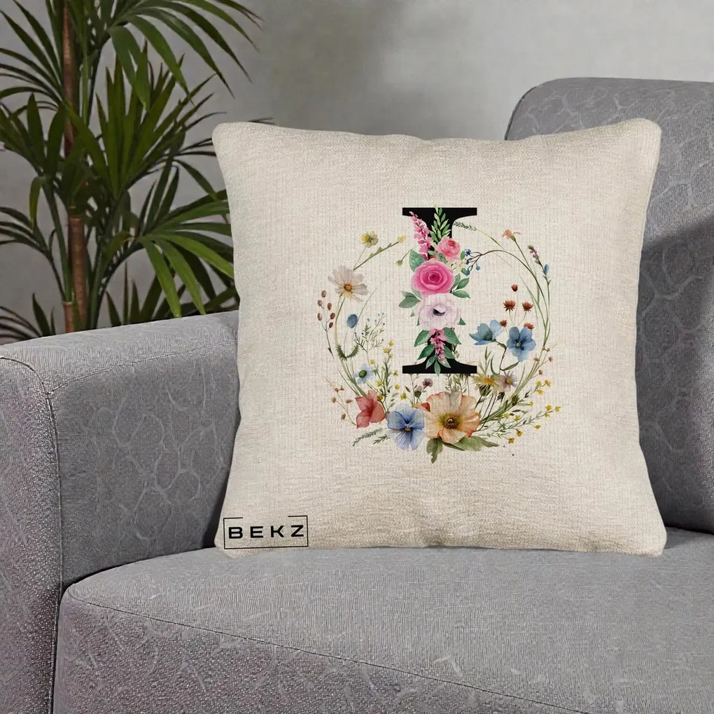 Cadou Personalizat - Perna Personalizata Monogram Litera I cu Flori Acuarela, 40x40 cm, Bej Canapea, Husa Detasabila, Perna Inclusa, BEKZ®