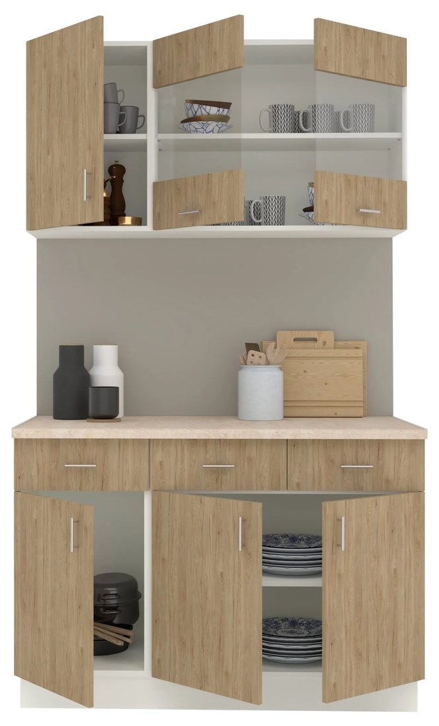 Set Bucatarie Karo V3, Lemn Natural/Alb, Blat Thermo 28 mm, L 120 cm