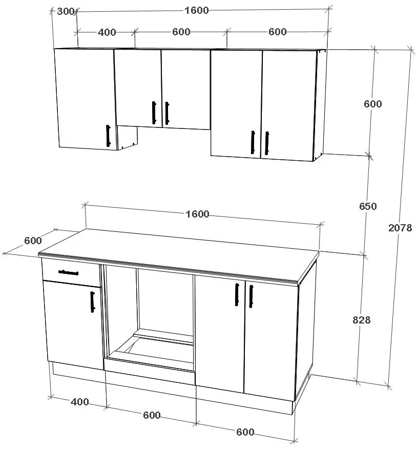 Set Bucatarie Karo V6, Gri Lucios/Alb, MDF, Blat Thermo 28 mm, L 160 cm