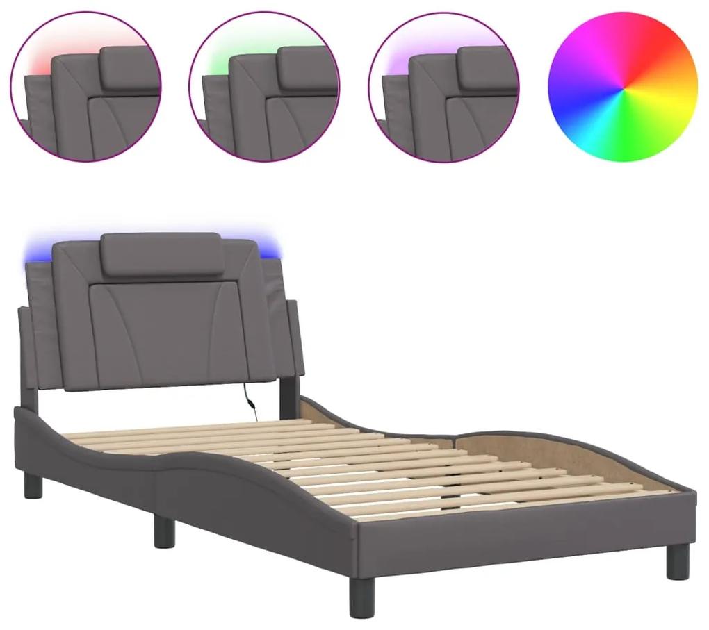 3214004 vidaXL Cadru de pat cu lumini LED, gri, 100x200 cm, piele ecologică