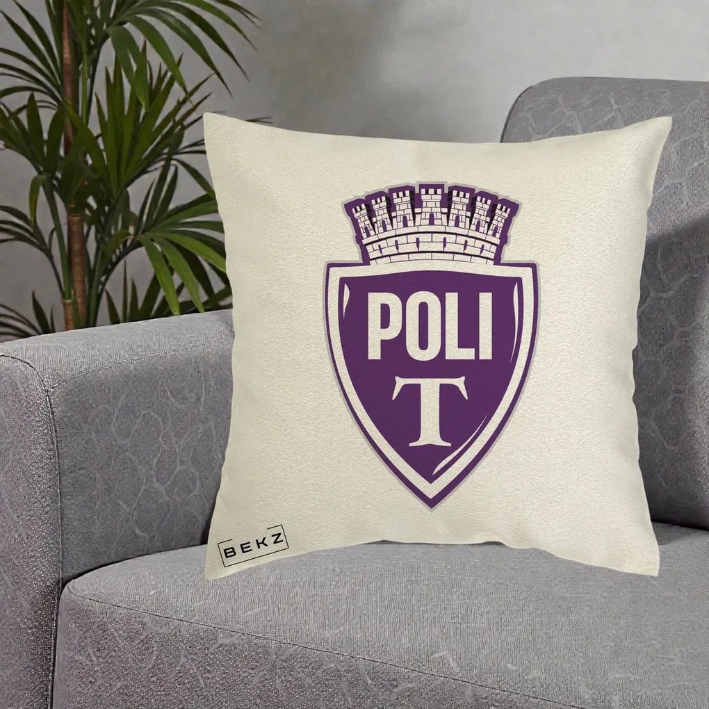 Perna Personalizata Poli Timisoara Fotbal, 40x40 cm, Ecru, Husa Detasabila, Perna Inclusa, BEKZ®