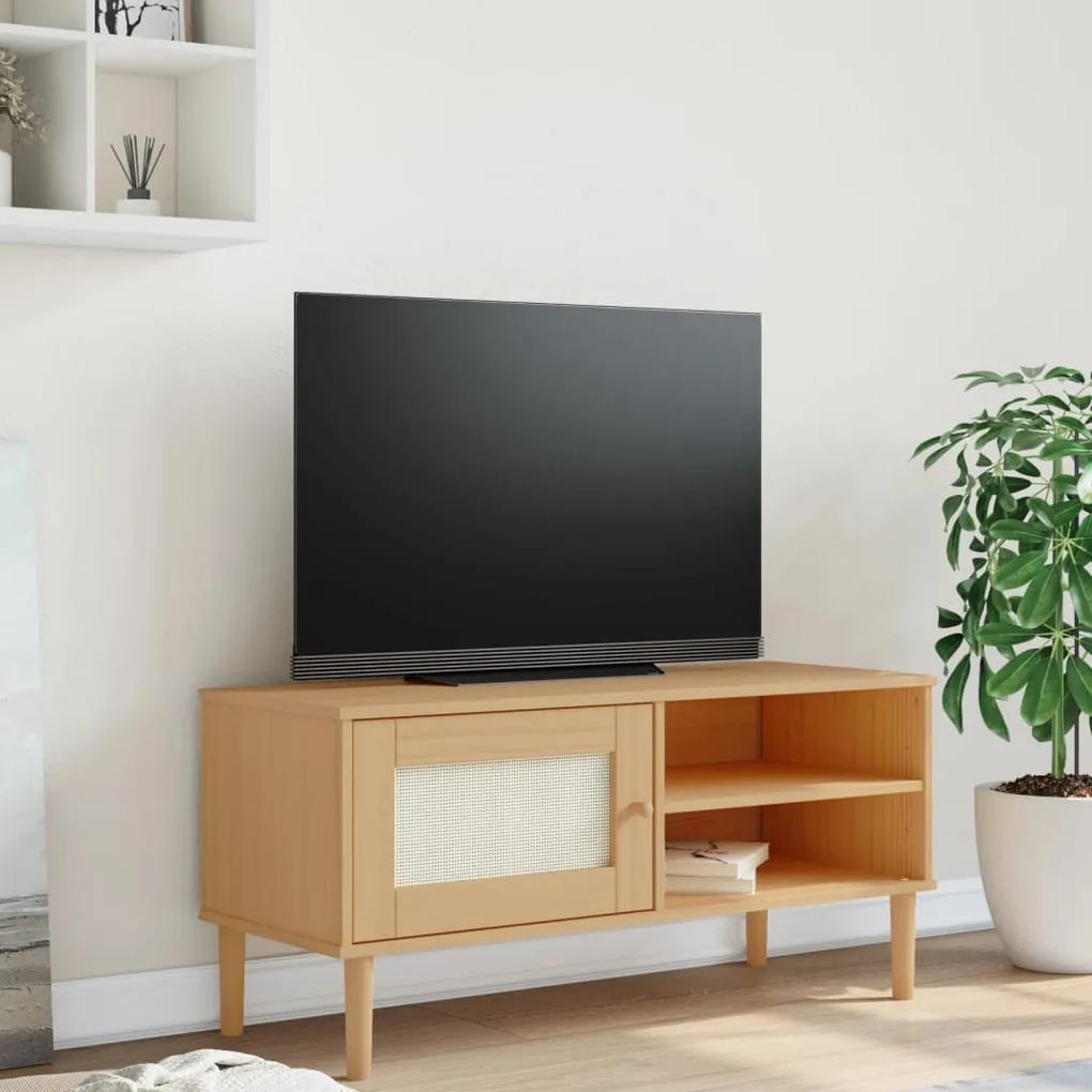 Comoda TV SENJA aspect ratan maro, 106x40x49 cm, lemn masiv pin