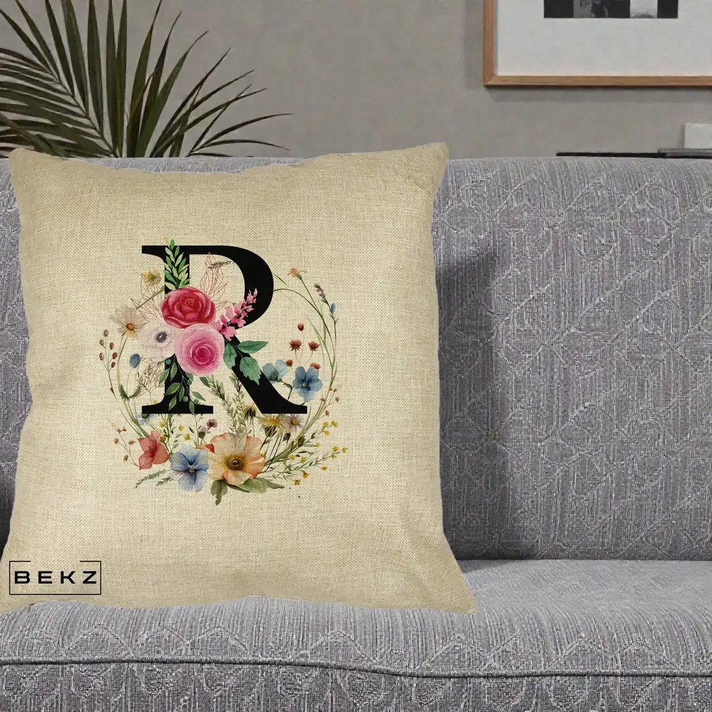 Cadou Personalizat - Perna Personalizata Monogram Litera R cu Flori Acuarela, 40x40 cm, Crem, Husa Detasabila, Perna Inclusa, BEKZ®