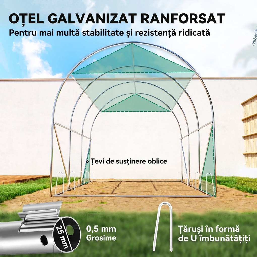 Outsunny Seră de Grădină Tunel 3x2x2 m cu Plasă de Umbrire, Seră pentru Legume și Flori cu 6 Ferestre, 2 Uși și Pereți Laterali Rulanți, Cadru din Oțel și Acoperire PE, Verde | Aosom Romania