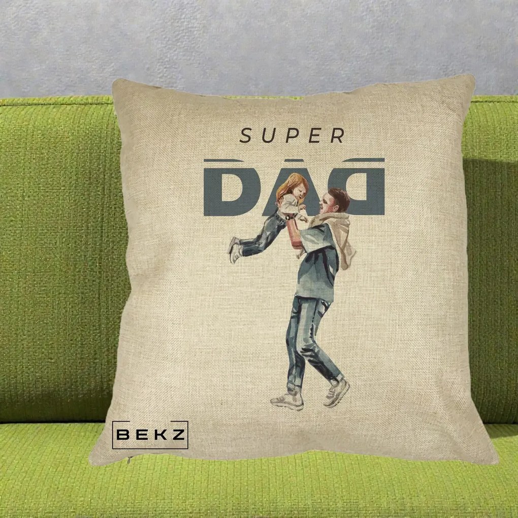 Cadou pentru Tata - Perna Personalizata Super DAD Tata si Fiica, 40x40 cm, Crem, Husa Detasabila, Perna Inclusa, BEKZ®