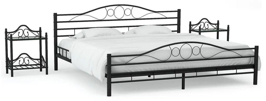 276027 vidaXL Cadru de pat cu 2 noptiere, negru, 140 x 200 cm, metal